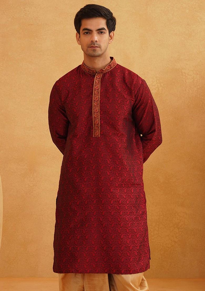 Maroon Thread Work Poly Blend Kurta For Men