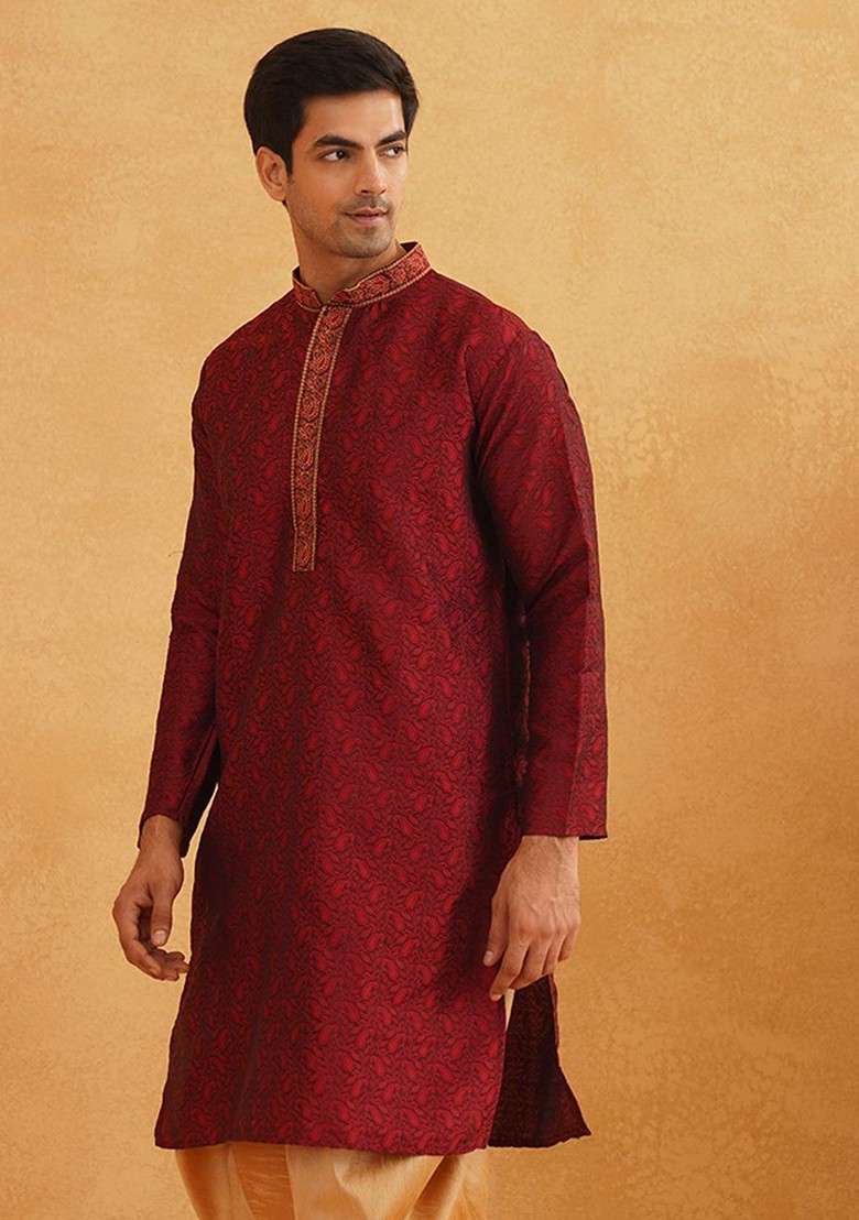 Maroon Thread Work Poly Blend Kurta For Men - Indya