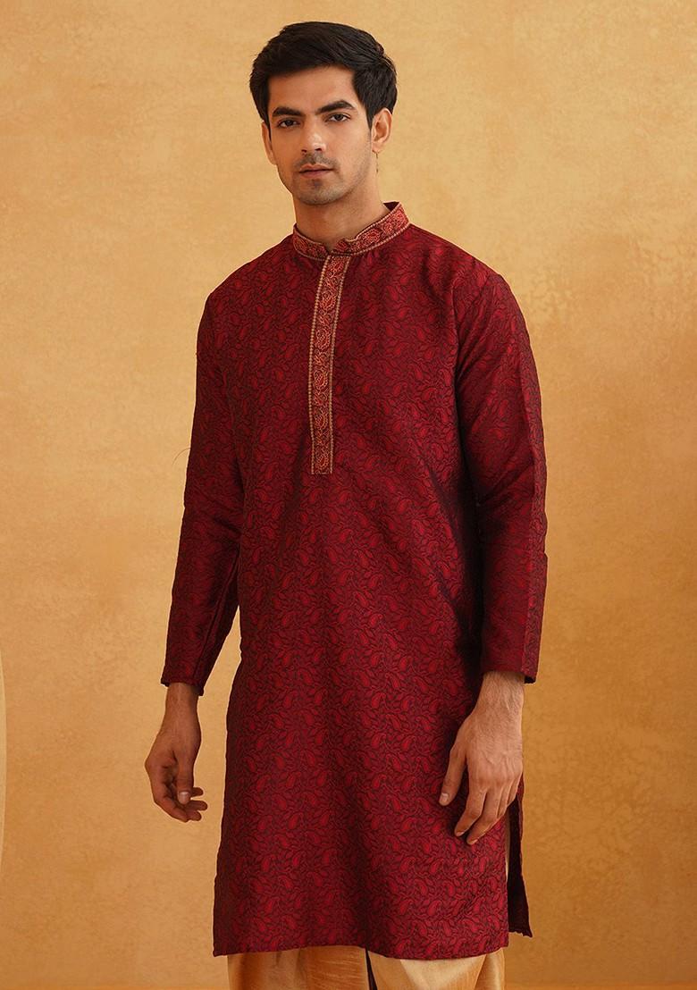 Maroon Thread Work Poly Blend Kurta For Men