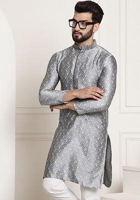 Grey Thread Work Poly Blend Kurta For Men