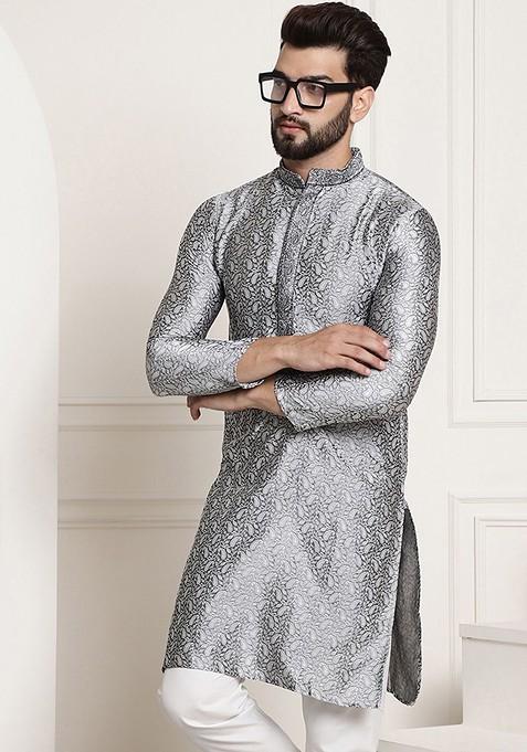 Grey Thread Work Poly Blend Kurta For Men