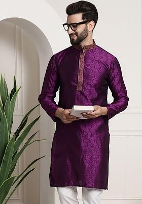 Purple Thread Work Poly Blend Kurta For Men