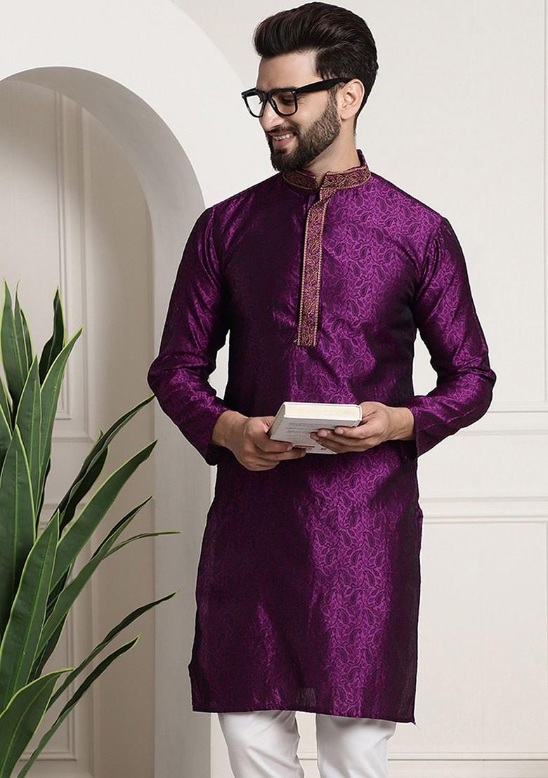 Purple Thread Work Poly Blend Kurta For Men