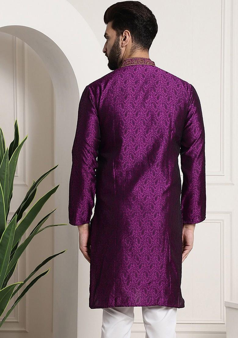 Purple Thread Work Poly Blend Kurta For Men