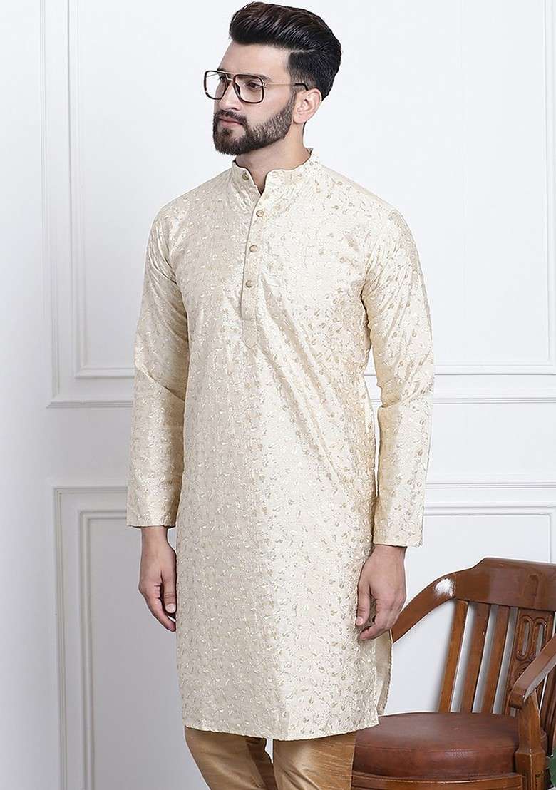 Gold Embroidered Poly Blend Kurta For Men - Indya