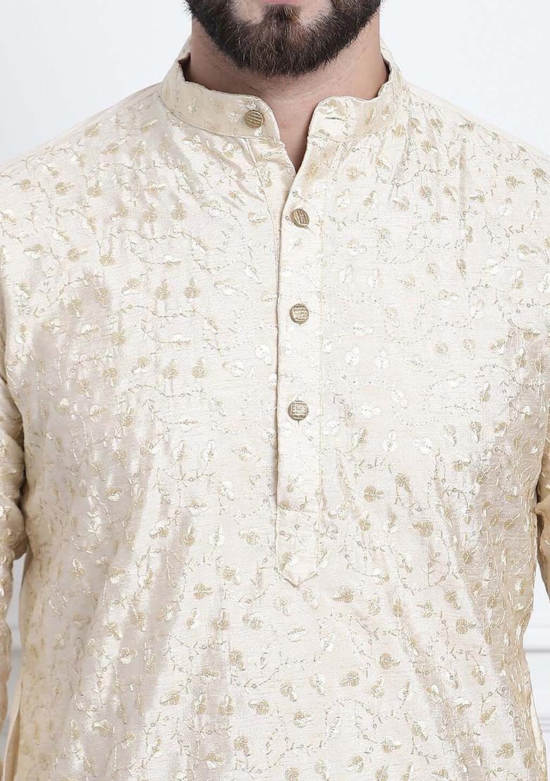 Gold Embroidered Poly Blend Kurta For Men