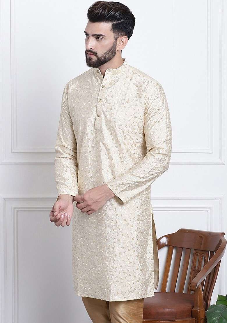 Gold Embroidered Poly Blend Kurta For Men - Indya