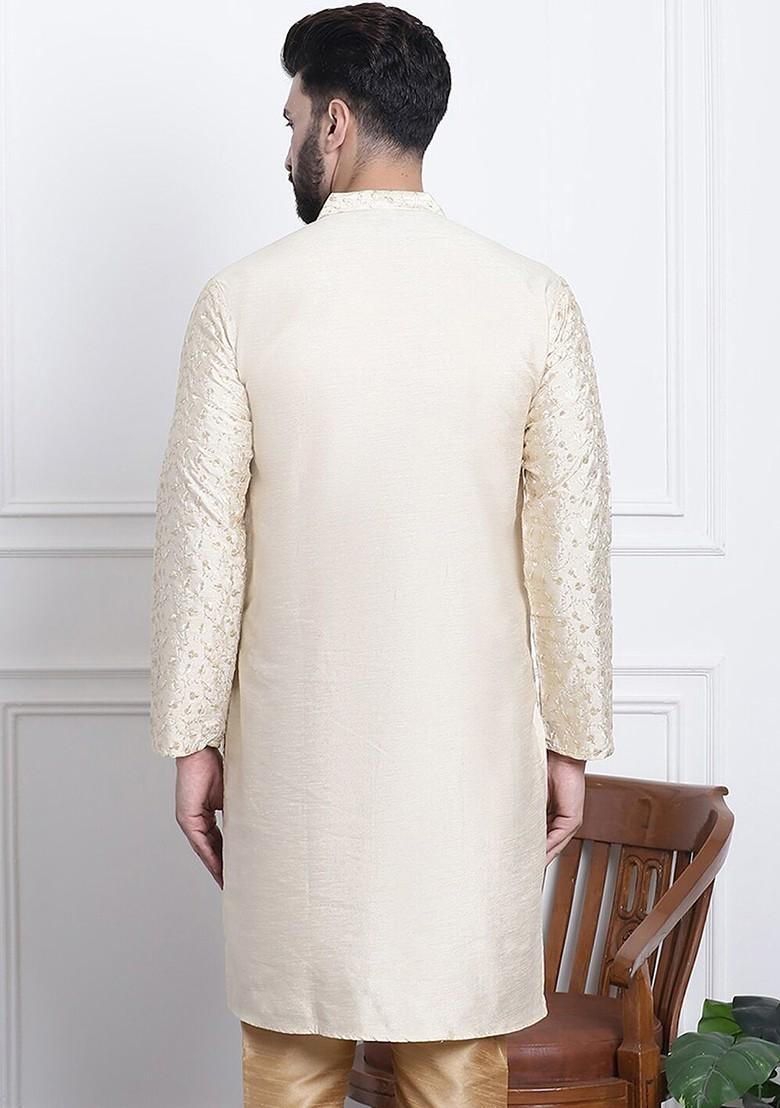 Gold Embroidered Poly Blend Kurta For Men