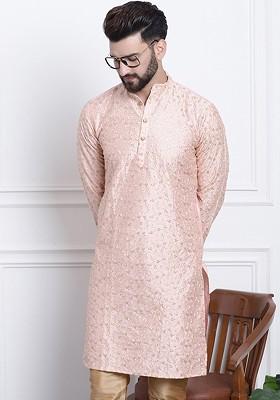 Peach Embroidered Cotton Kurta For Men