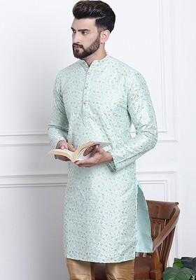 Sea Green Embroidered Cotton Kurta For Men