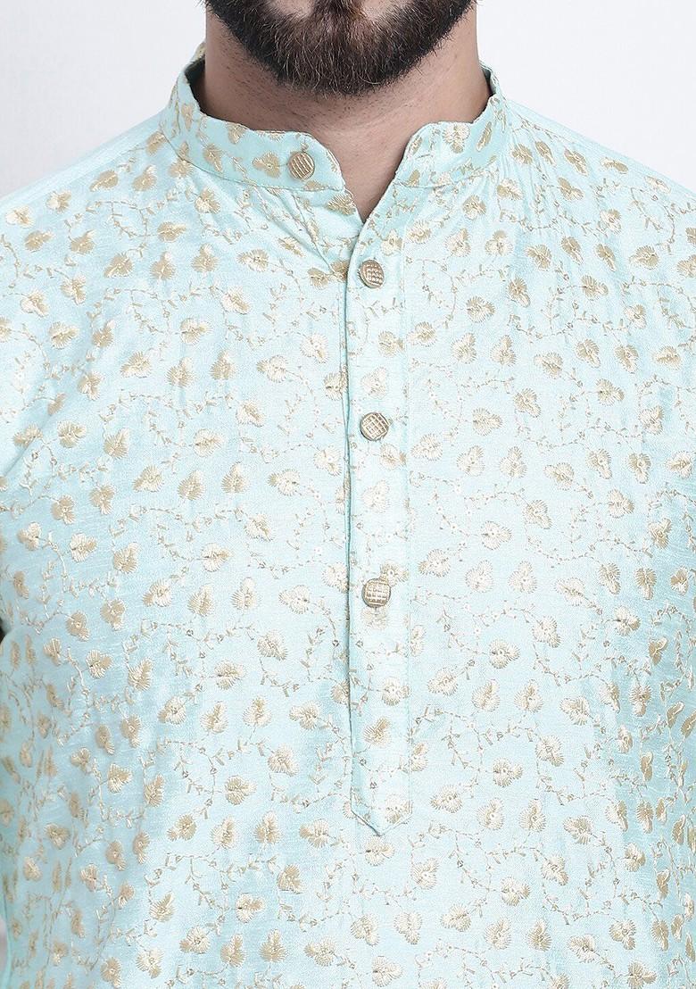 Sea Green Embroidered Cotton Kurta For Men