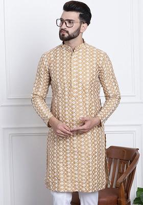 Gold Thread Work Poly Blend Kurta For Men