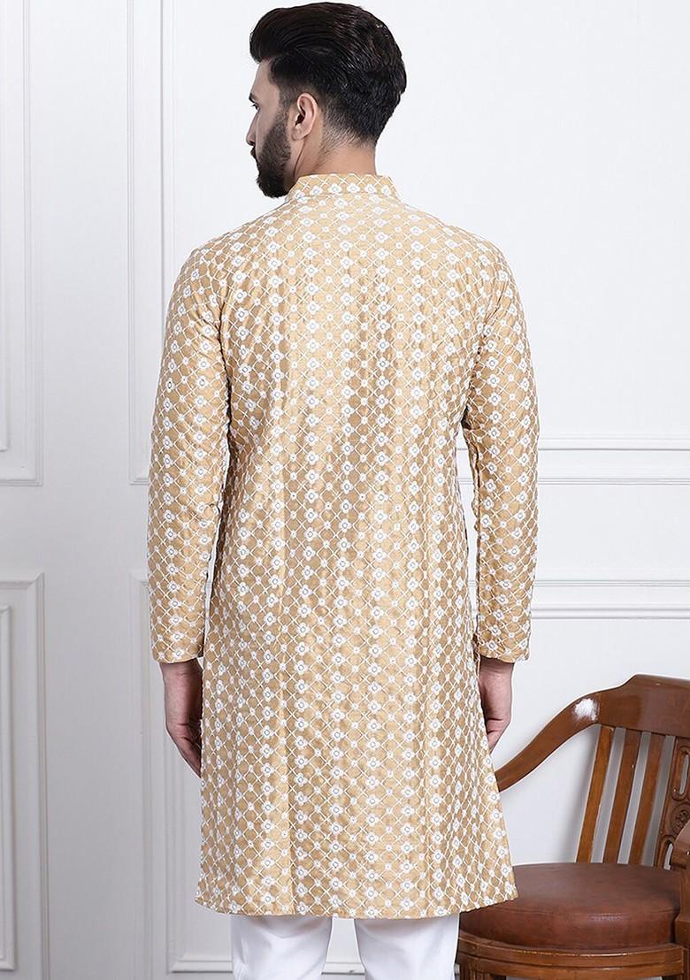 Gold Thread Work Poly Blend Kurta For Men