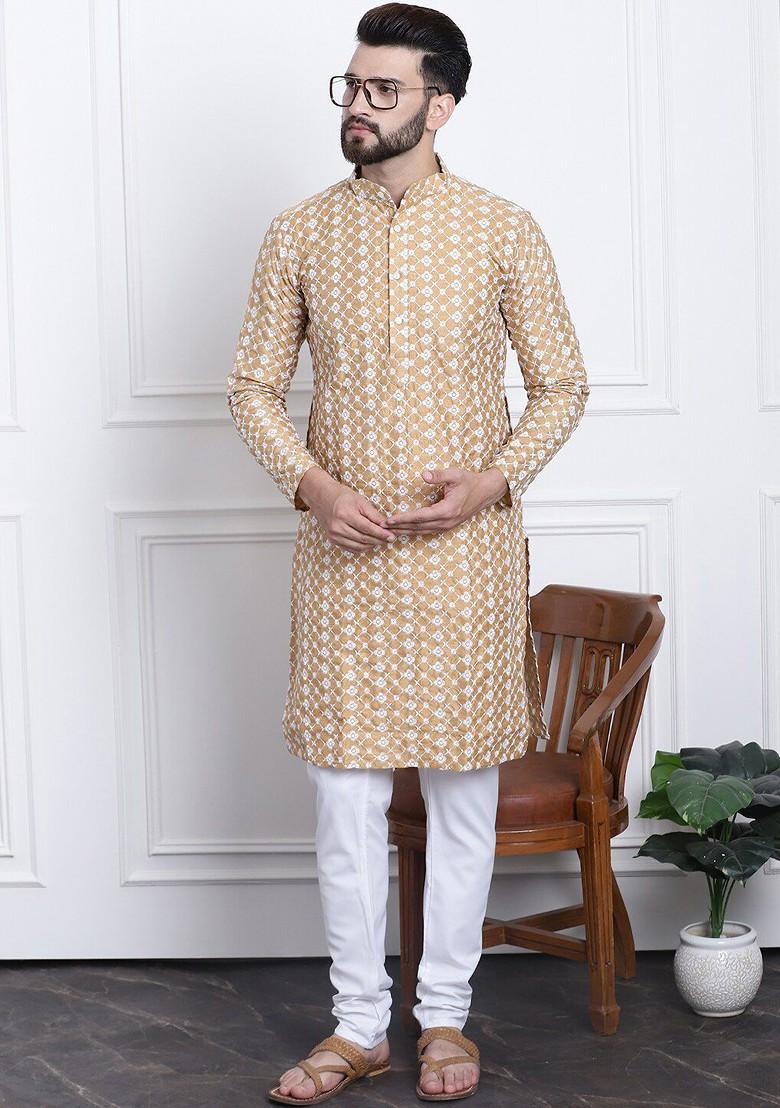 Gold Thread Work Poly Blend Kurta For Men