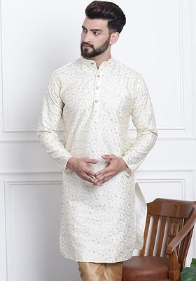 Cream Thread Work Poly Blend Kurta For Men