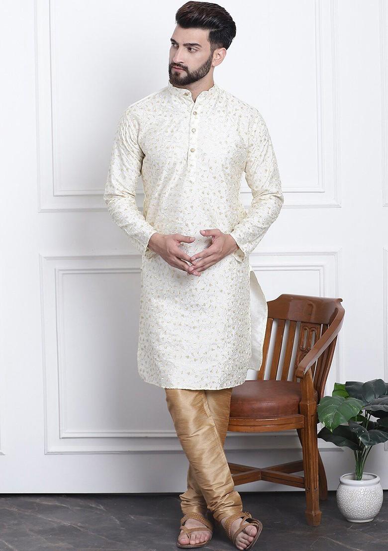 Cream Thread Work Poly Blend Kurta For Men