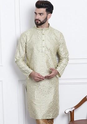 Green Thread Work Poly Blend Kurta For Men