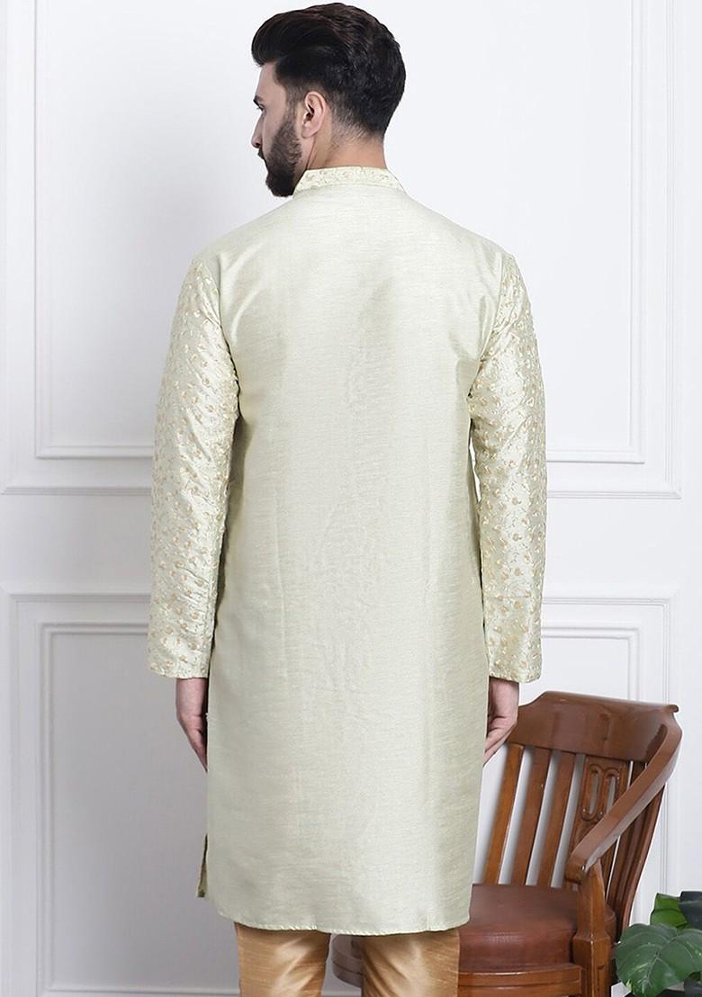 Green Thread Work Poly Blend Kurta For Men