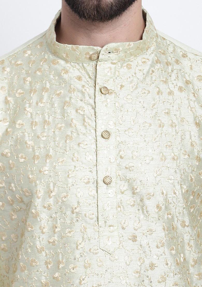 Green Thread Work Poly Blend Kurta For Men
