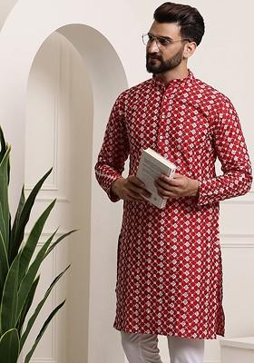 Maroon Thread Work Poly Blend Kurta For Men