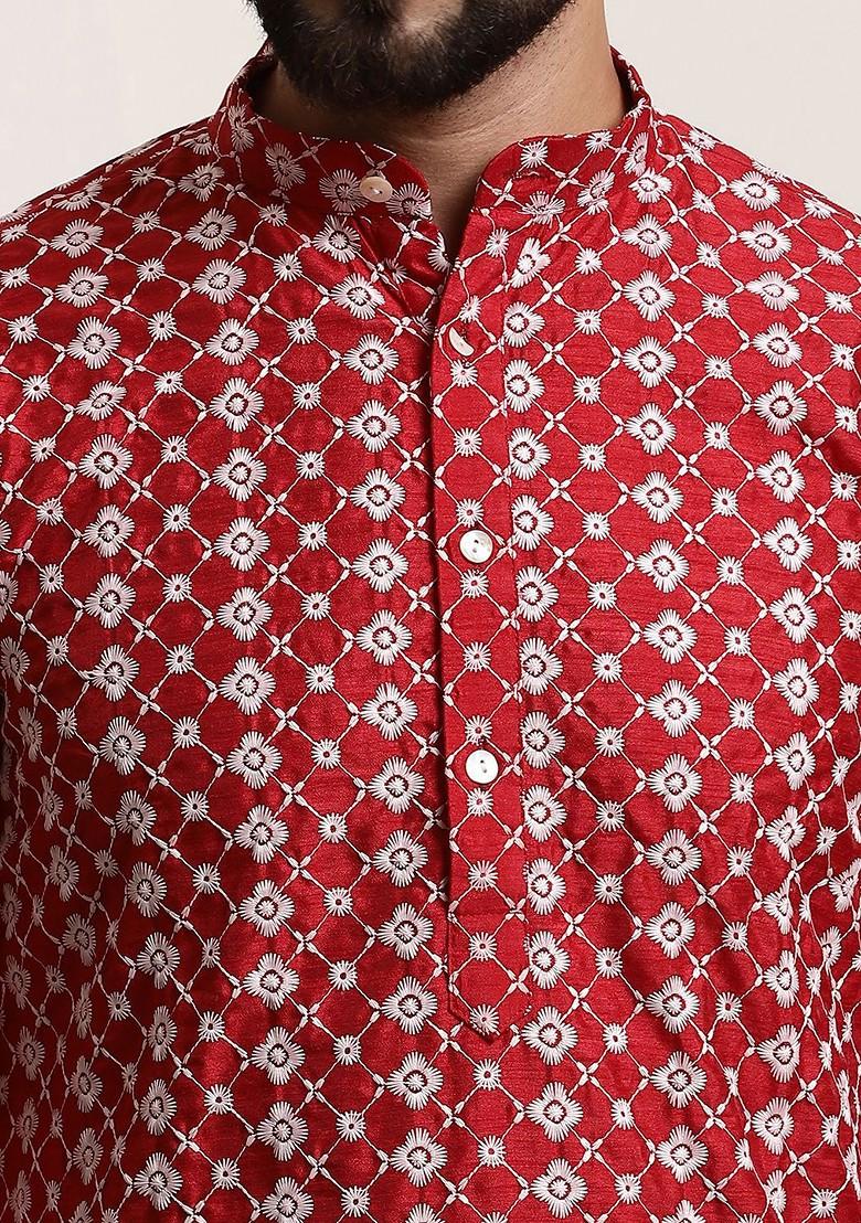 Maroon Thread Work Poly Blend Kurta For Men