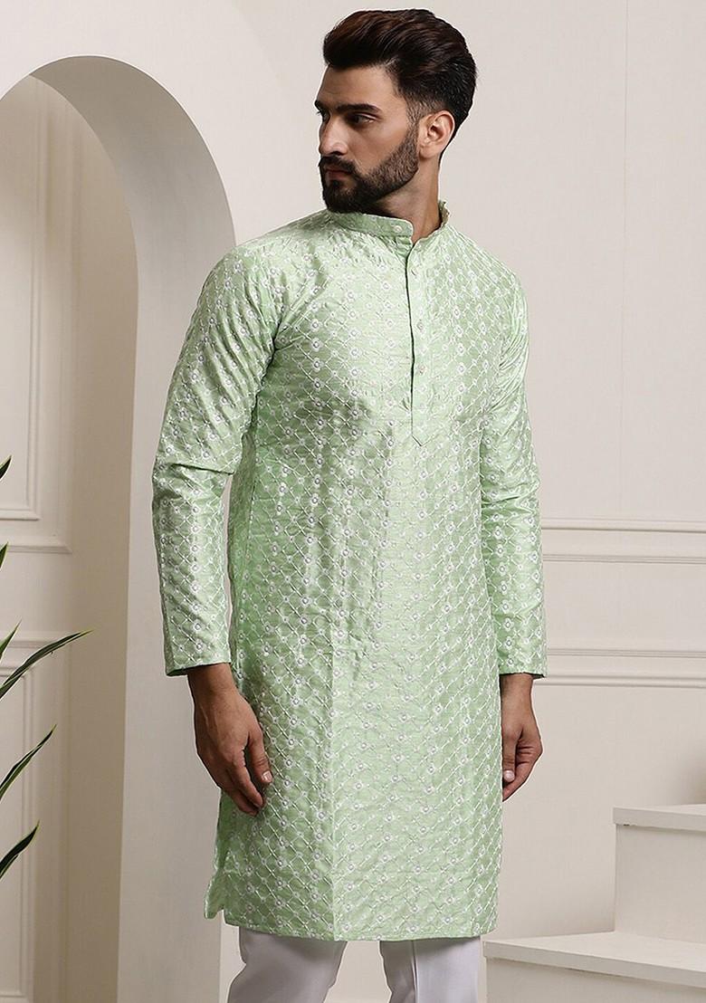 Sea Green Thread Work Poly Blend Kurta For Men