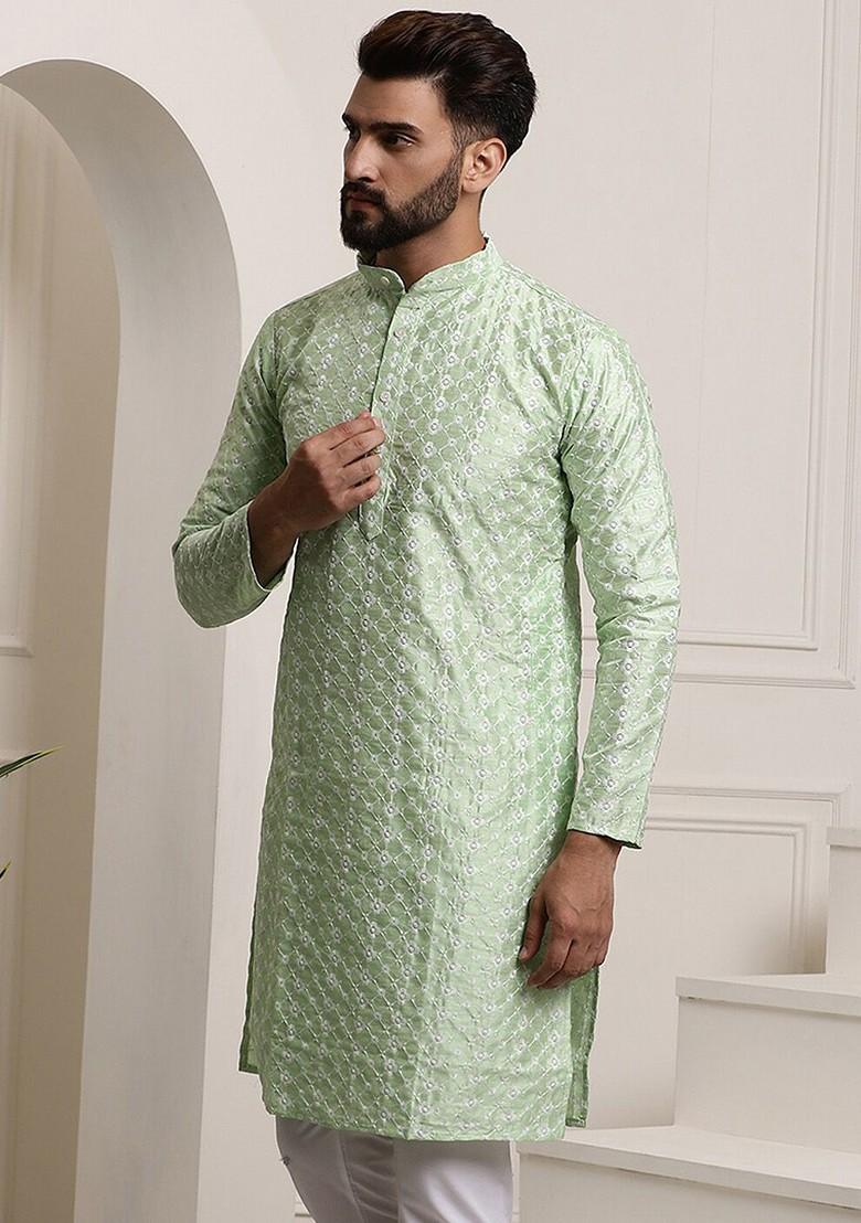 Sea Green Thread Work Poly Blend Kurta For Men