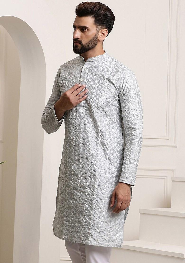 Grey Thread Work Poly Blend Kurta For Men