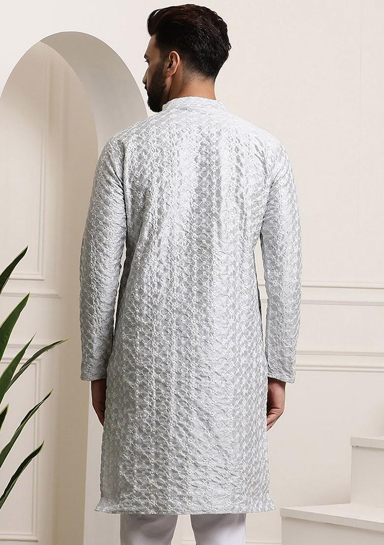 Grey Thread Work Poly Blend Kurta For Men