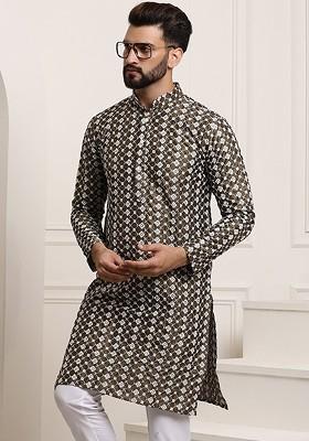 Olive Thread Work Poly Blend Kurta For Men