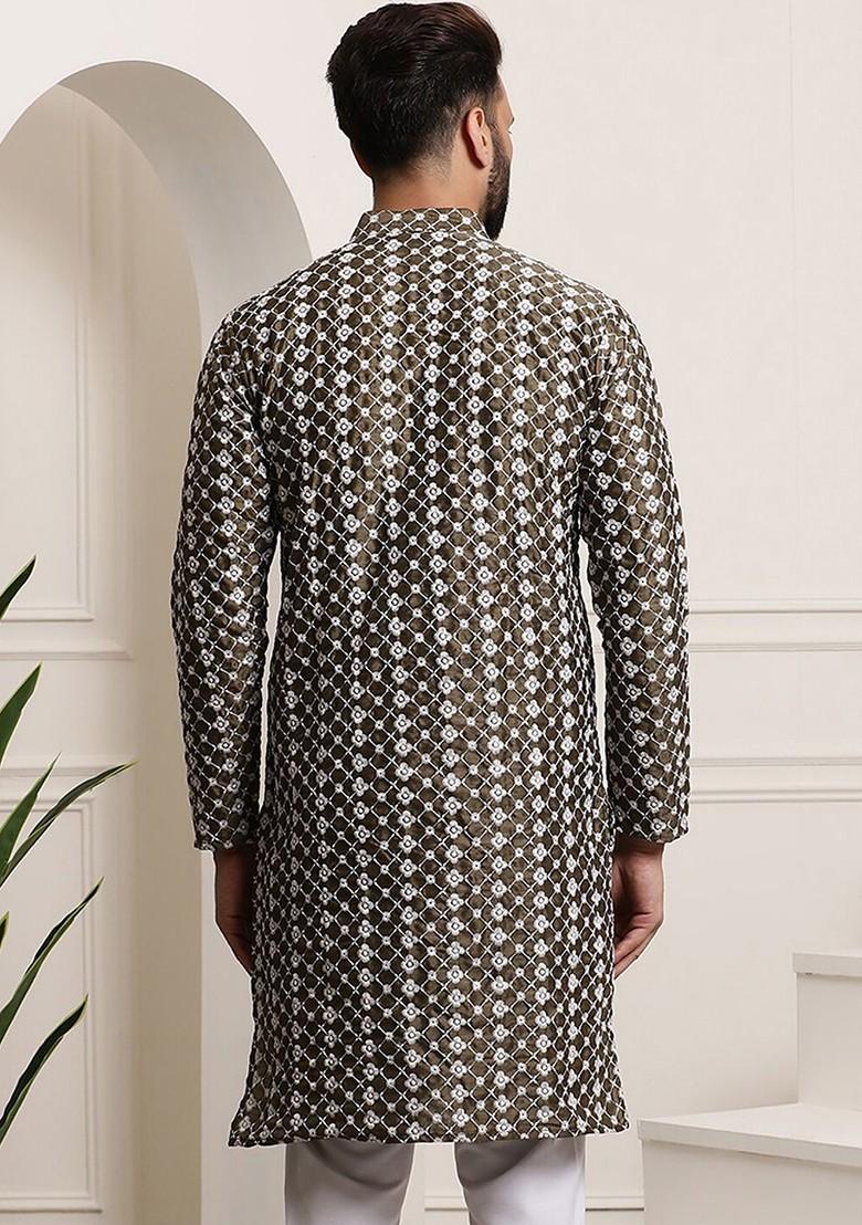 Olive Thread Work Poly Blend Kurta For Men