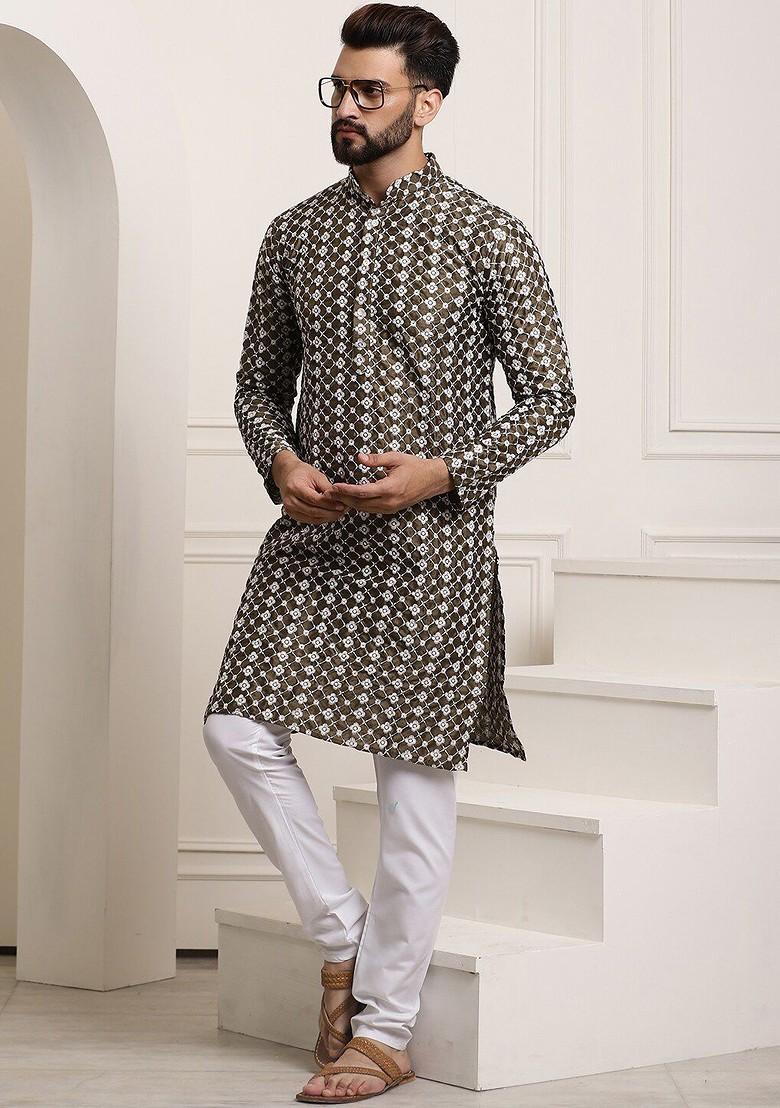 Olive Thread Work Poly Blend Kurta For Men