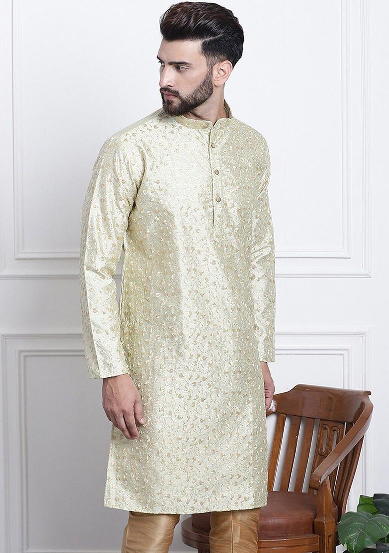 Green Embroidered Poly Blend Kurta For Men