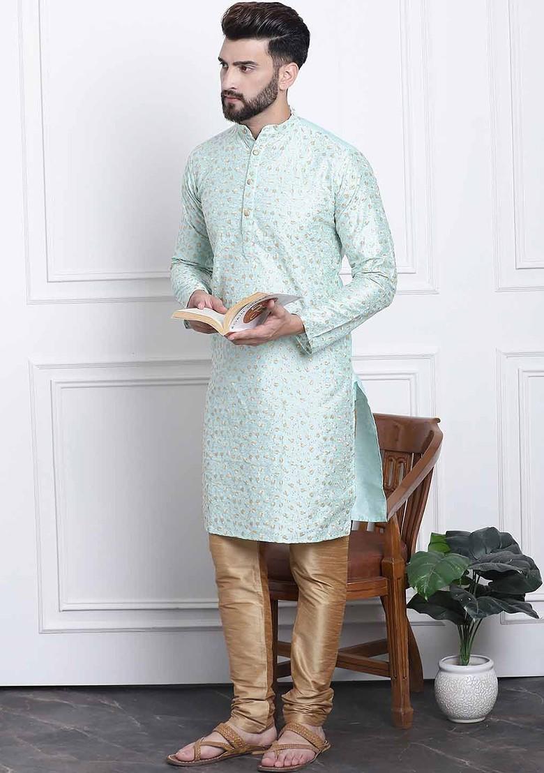 Sea Green Embroidered Poly Blend Kurta For Men