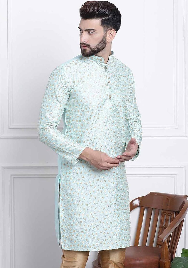 Sea Green Embroidered Poly Blend Kurta For Men