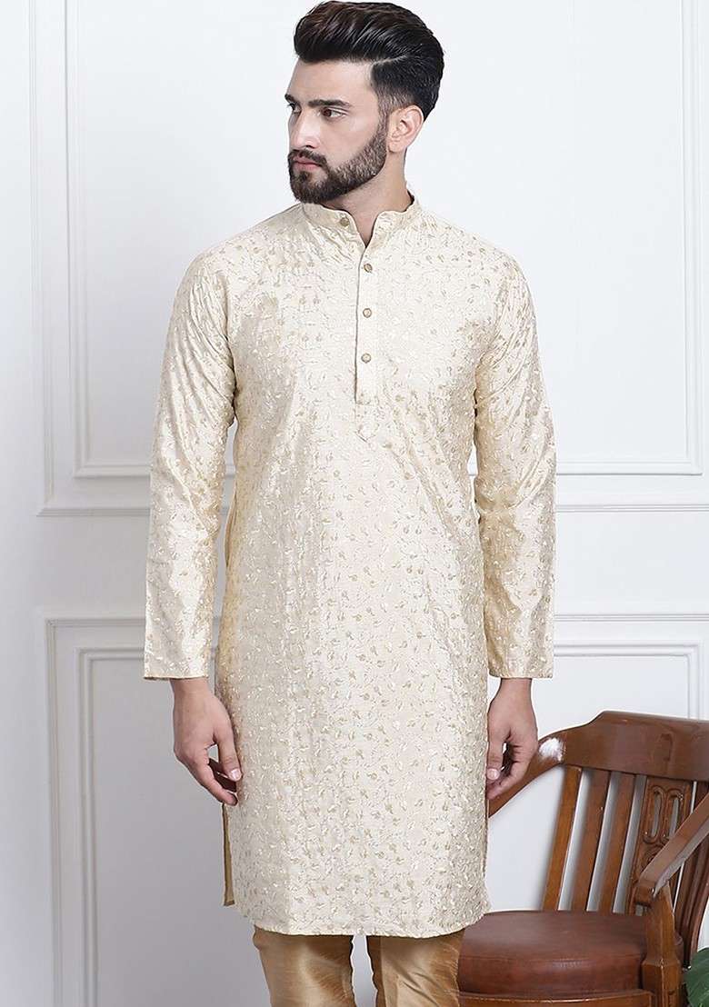 Gold Embroidered Poly Blend Kurta For Men - Indya