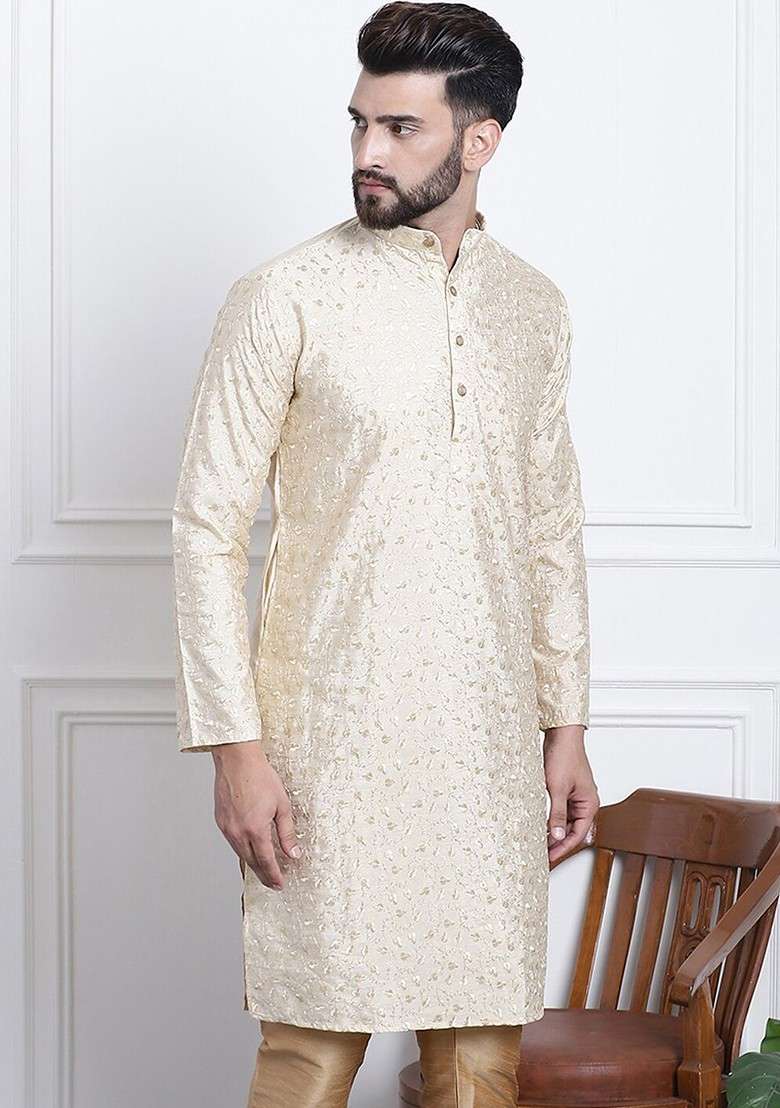 Gold Embroidered Poly Blend Kurta For Men - Indya