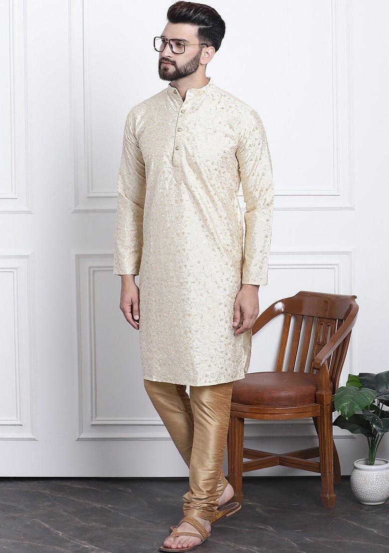 Gold Embroidered Poly Blend Kurta For Men