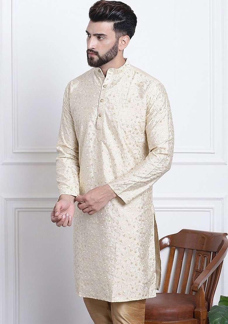 Gold Embroidered Poly Blend Kurta For Men - Indya