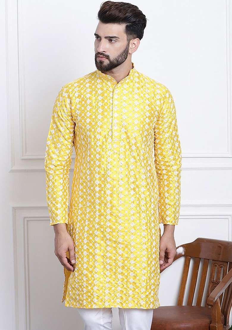 Yellow Thread Work Poly Blend Kurta For Men - Indya