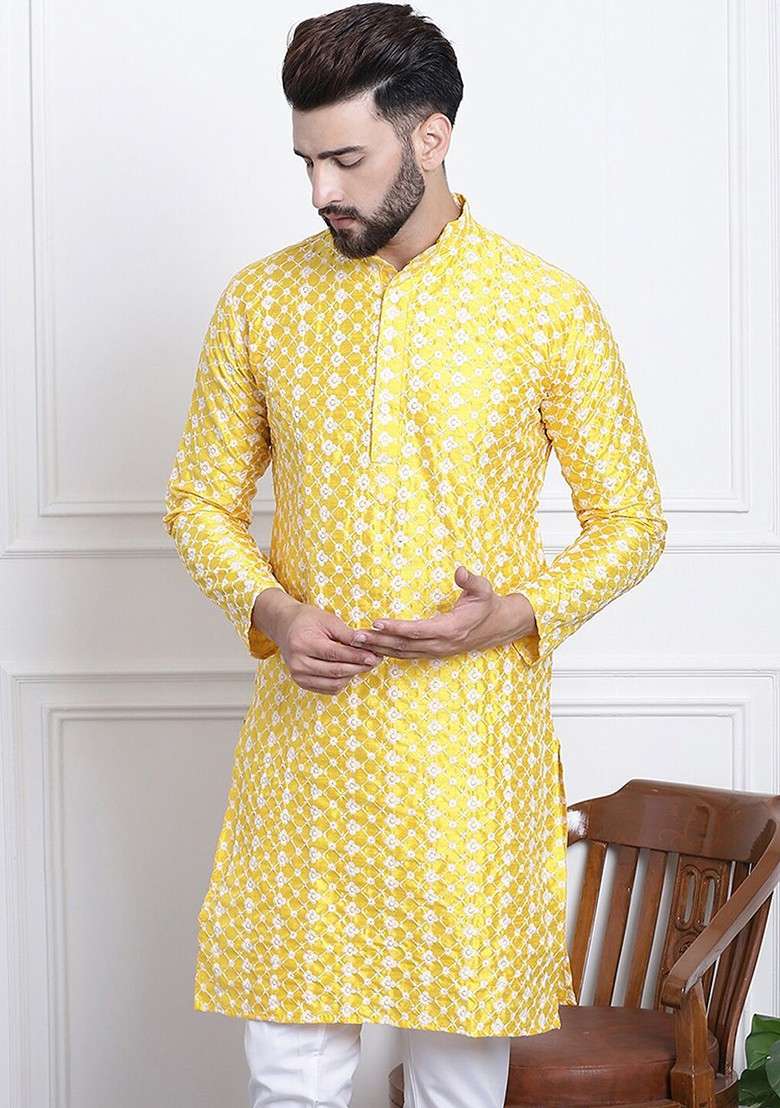 Yellow Thread Work Poly Blend Kurta For Men - Indya