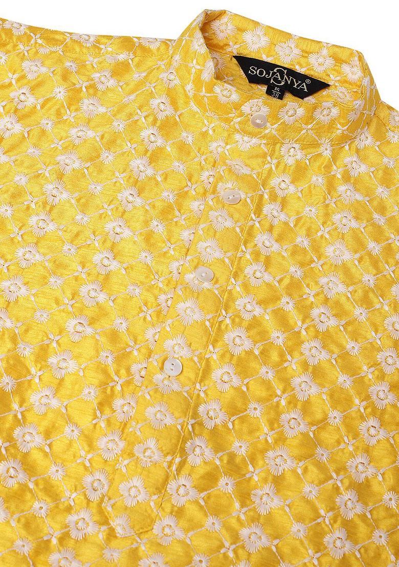 Yellow Thread Work Poly Blend Kurta For Men