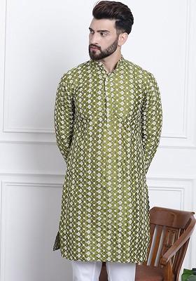 Green Thread Work Poly Blend Kurta For Men