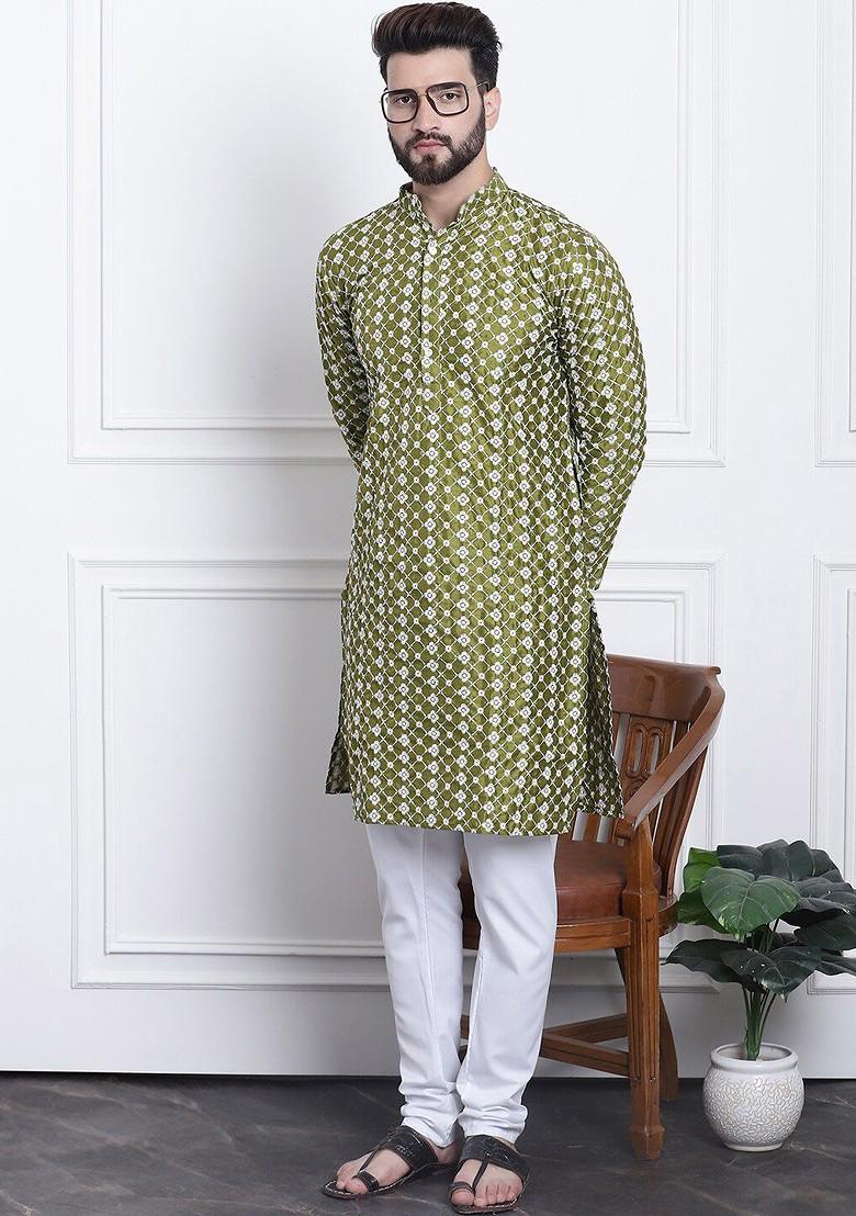 Green Thread Work Poly Blend Kurta For Men