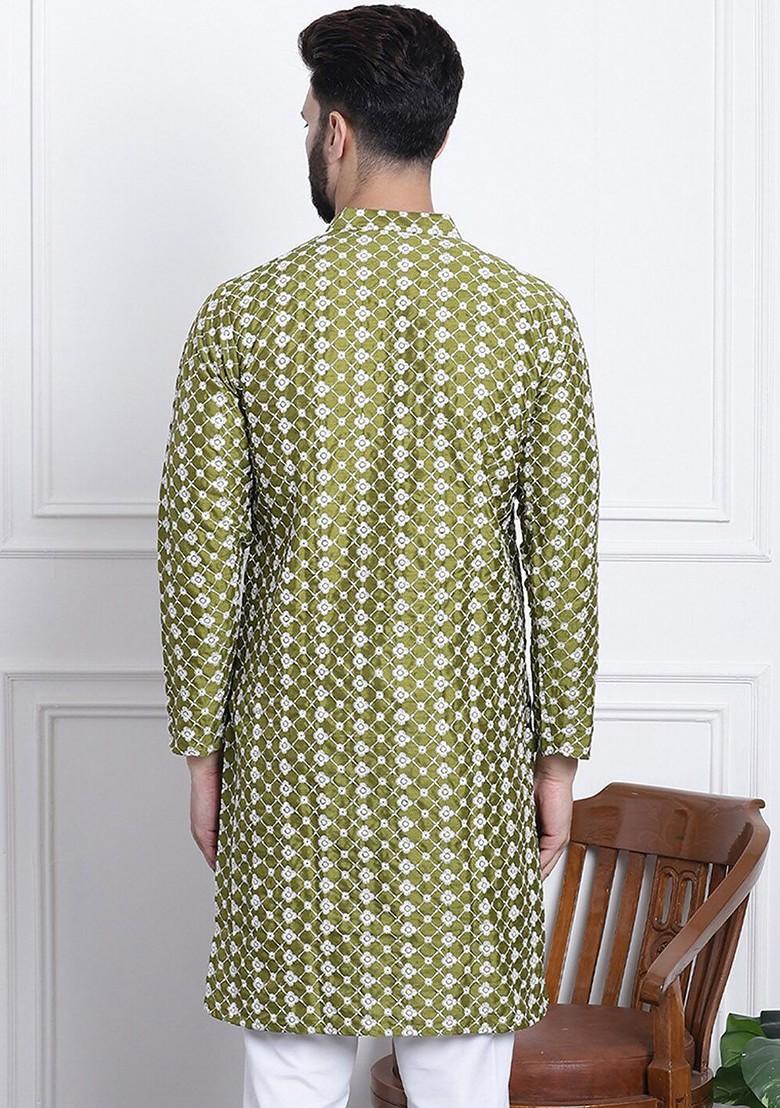 Green Thread Work Poly Blend Kurta For Men