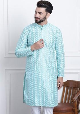 Blue Thread Work Poly Blend Kurta For Men