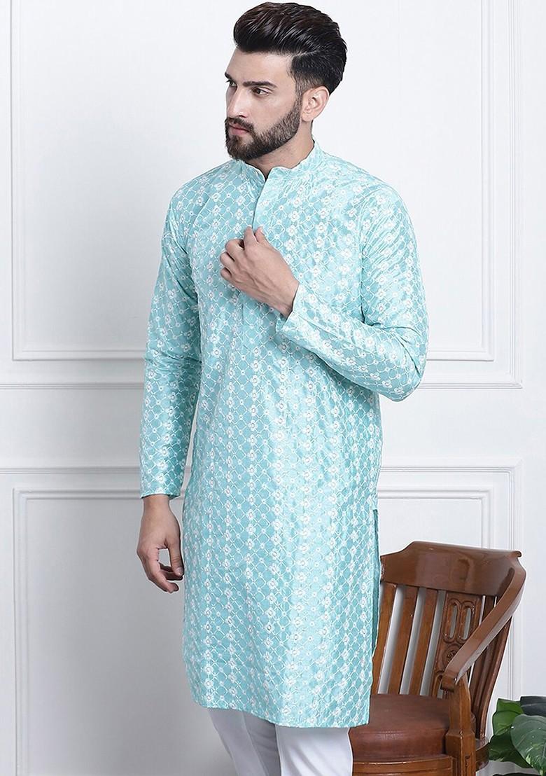 Blue Thread Work Poly Blend Kurta For Men