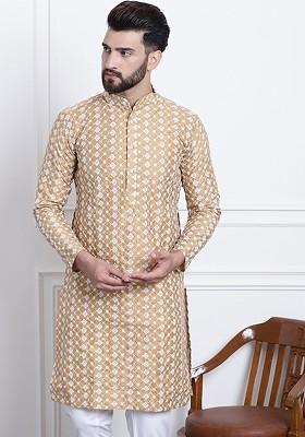 Gold Thread Work Poly Blend Kurta For Men