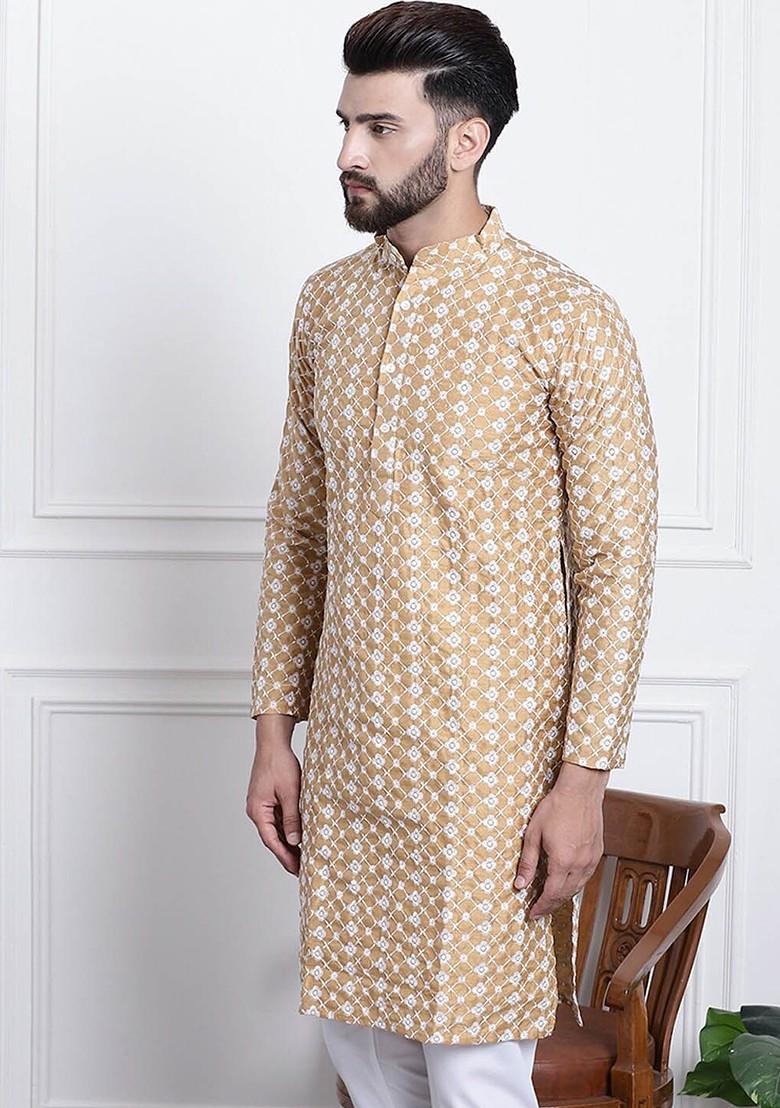 Gold Thread Work Poly Blend Kurta For Men