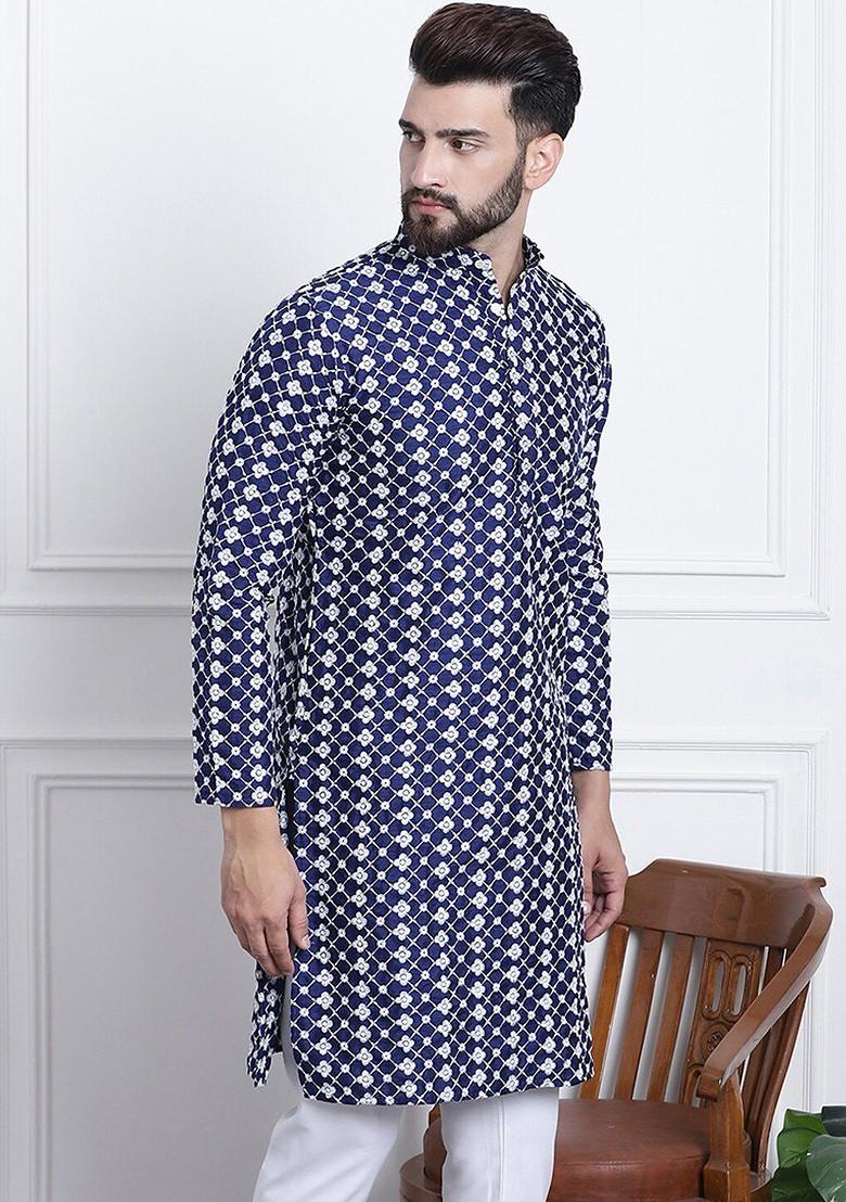 Navy Blue Thread Work Poly Blend Kurta For Men